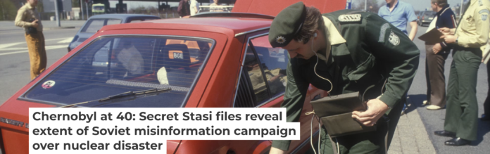 A German security guard checks for radiation after the Chernobyl accident in April 1986. Patrick Piel/Gamma-Rapho via Getty Images